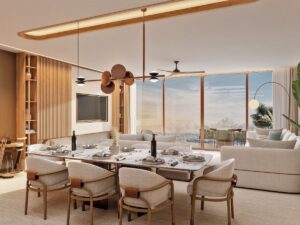 Condominio moderno de super lujo en St Regis Cancún, con espacios abiertos y vista panorámica al mar