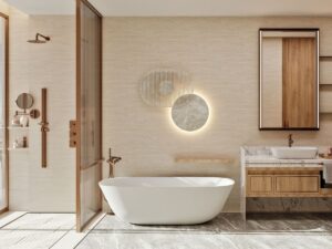 Elegante baño con vista al mar Caribe en condominio en venta en Cancún